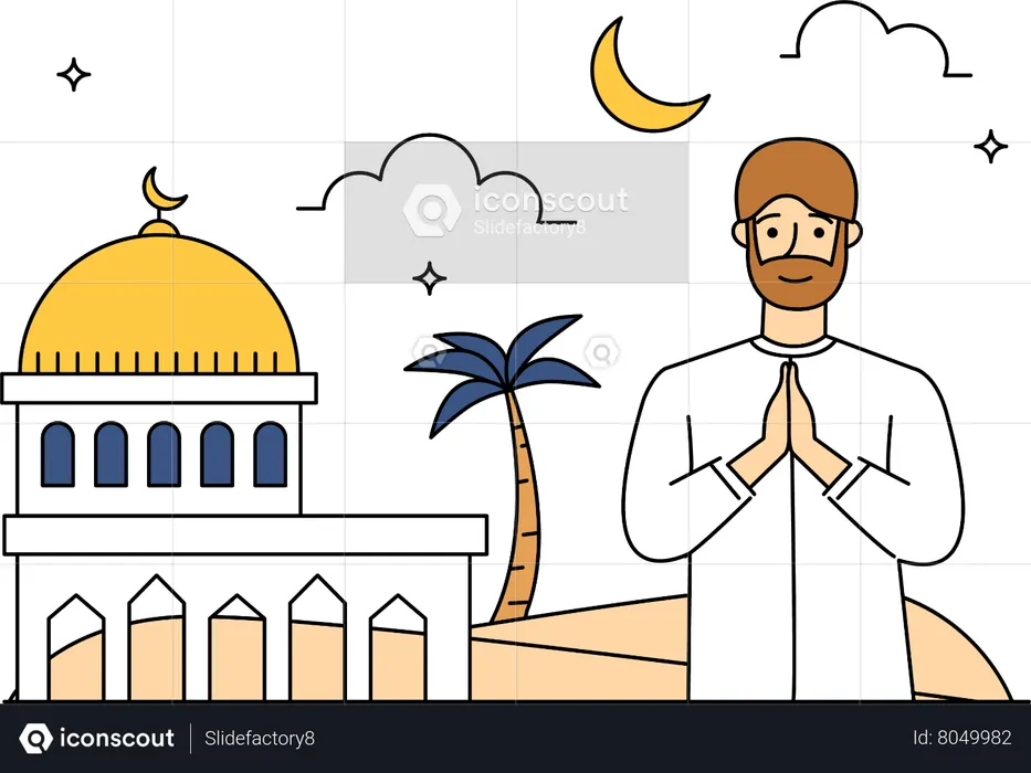 Muslim man praying outside mosque  Illustration