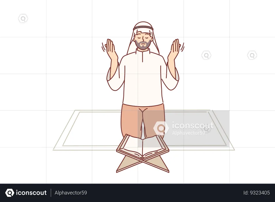 Muslim man prays on knees in front koran  Illustration