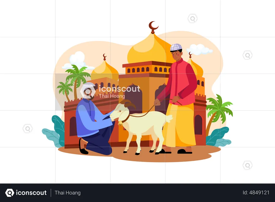 Muslim man purchasing goat for eid  Illustration