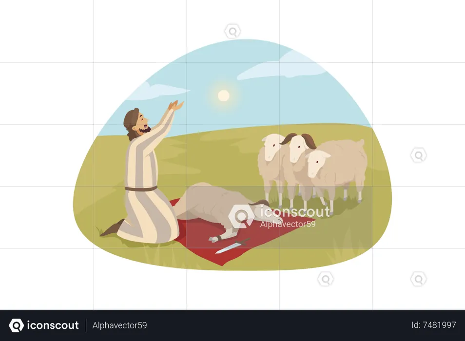Muslim man sacrificing goat  Illustration