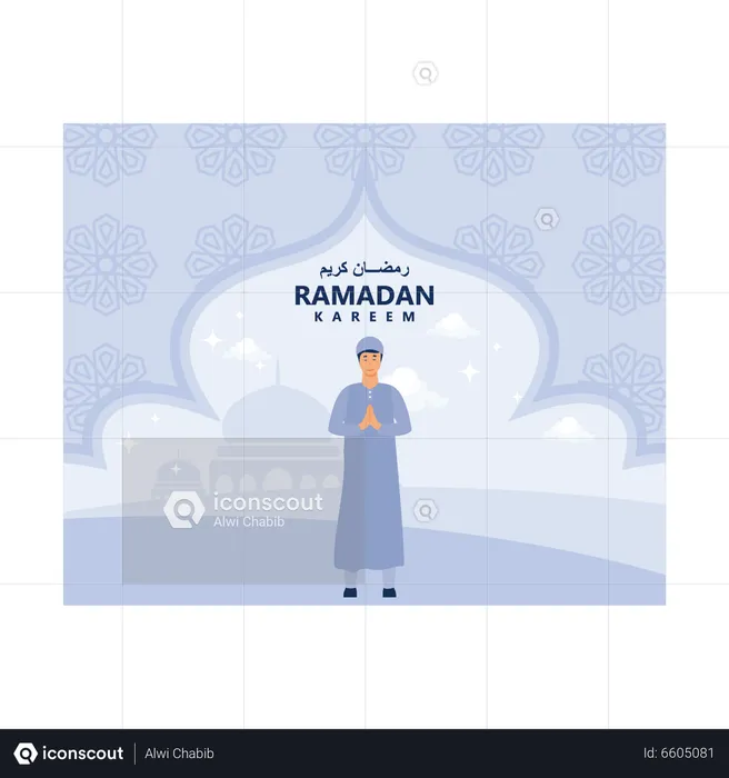 Muslim man standing while ramadan greeting  Illustration