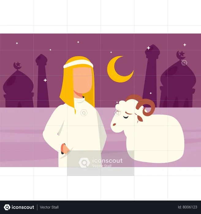 Muslim man  stands by sacrificial animal  Illustration