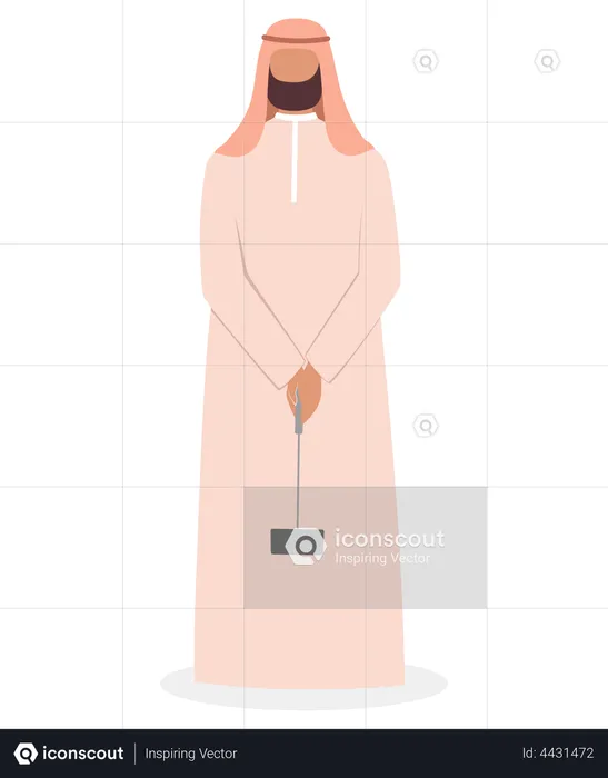 Muslim man taking selfie using selfie stick  Illustration