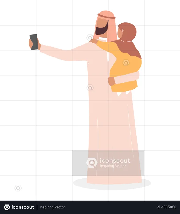 Muslim man taking selfie with her daughter  Illustration