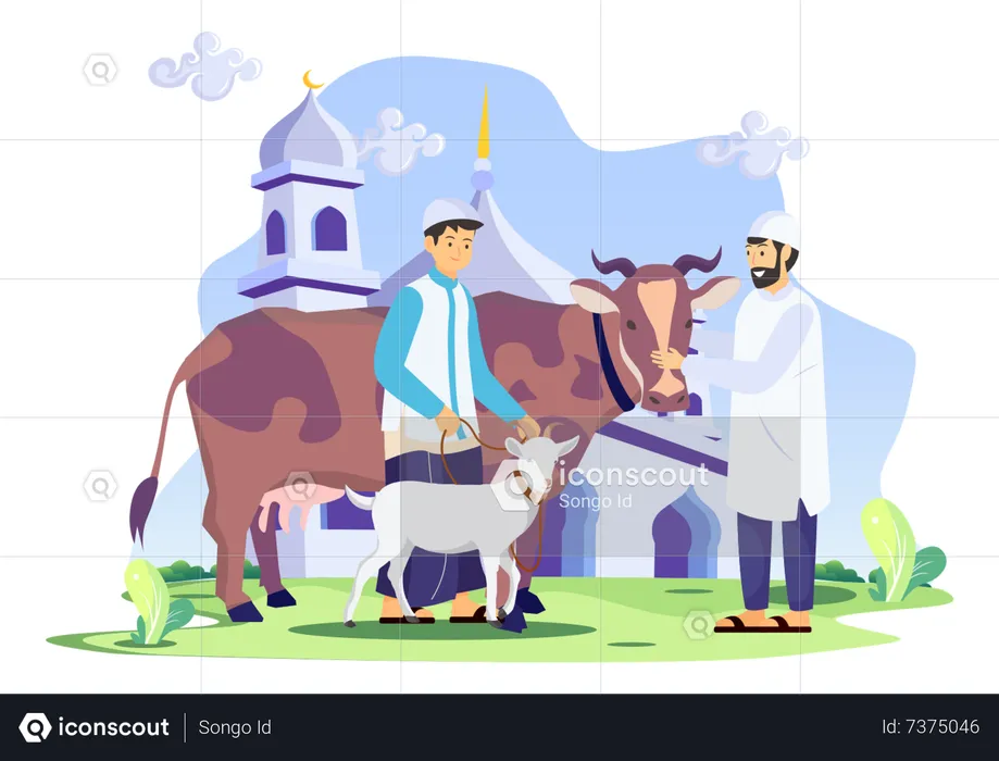 Muslim man trading cow  Illustration