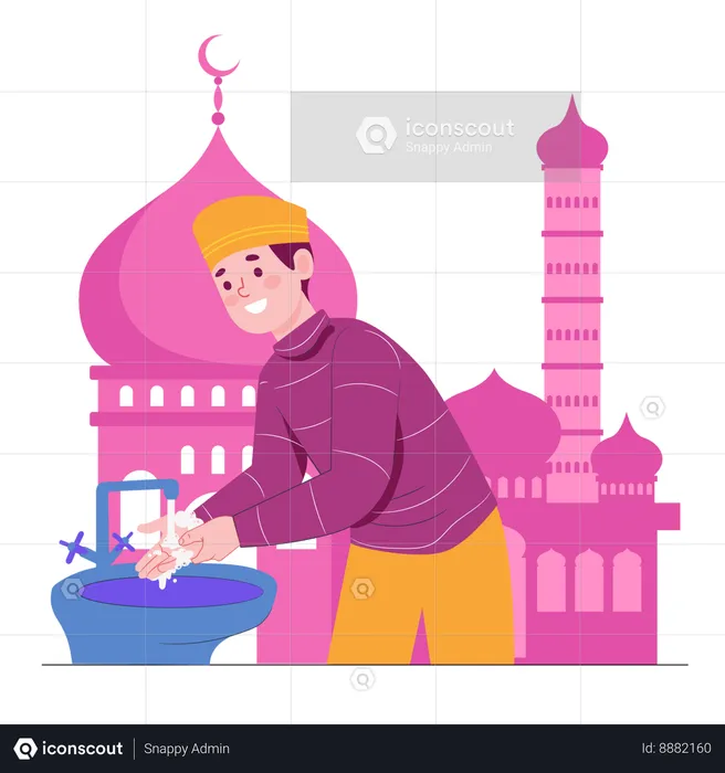 Muslim man washing hands at mosque  Illustration