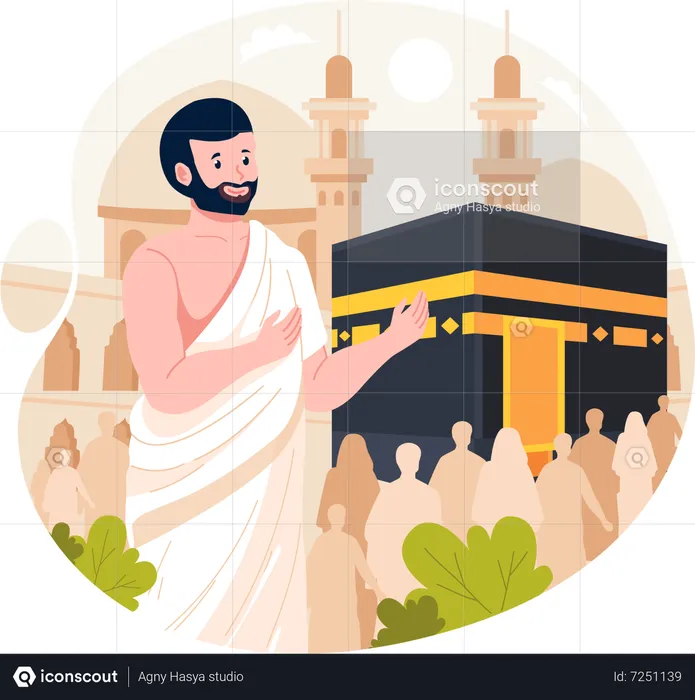 Muslim man wears ihram clothes with a Kaaba  Illustration