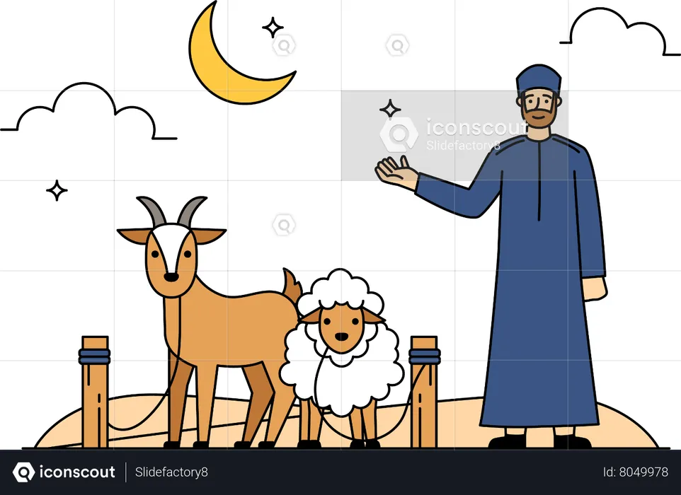 Muslim man with farm animals  Illustration