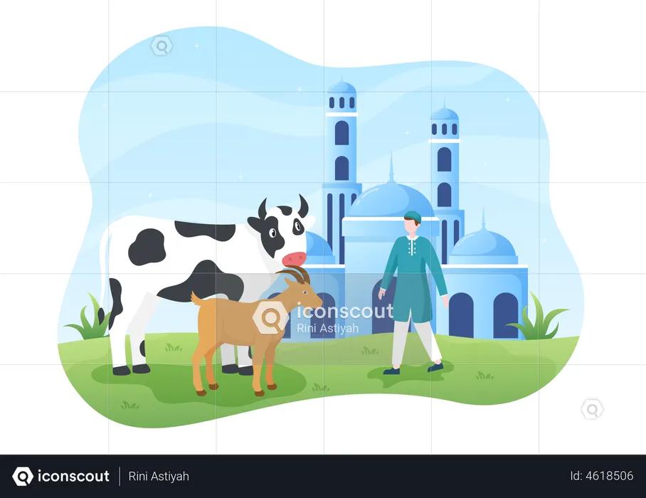 Muslim man with goat and cow  Illustration