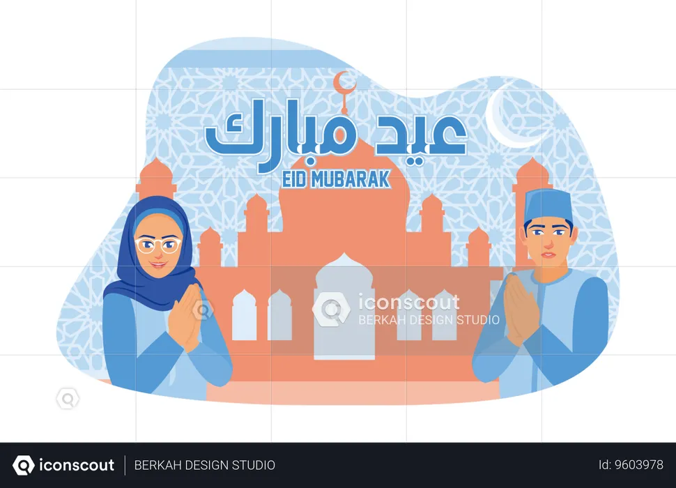 Muslim Men And Women Welcome Eid Al Fitr  Illustration