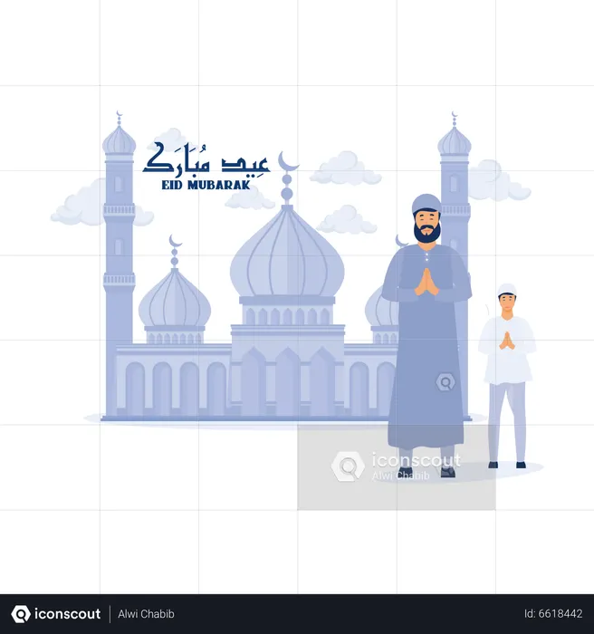 Muslim men greeting Eid Mubarak  Illustration