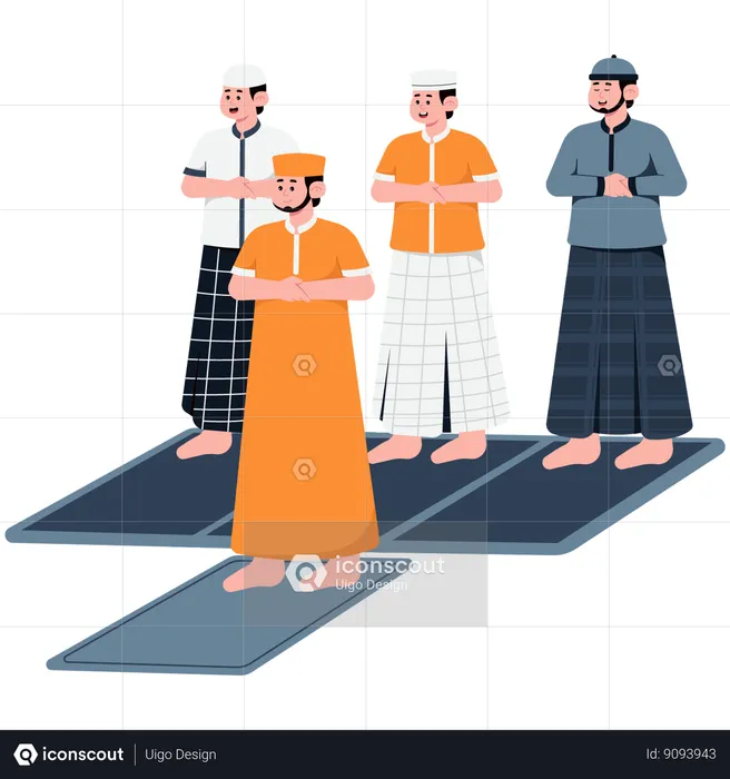 Muslim Men Praying Eid while standing on praying rug  Illustration