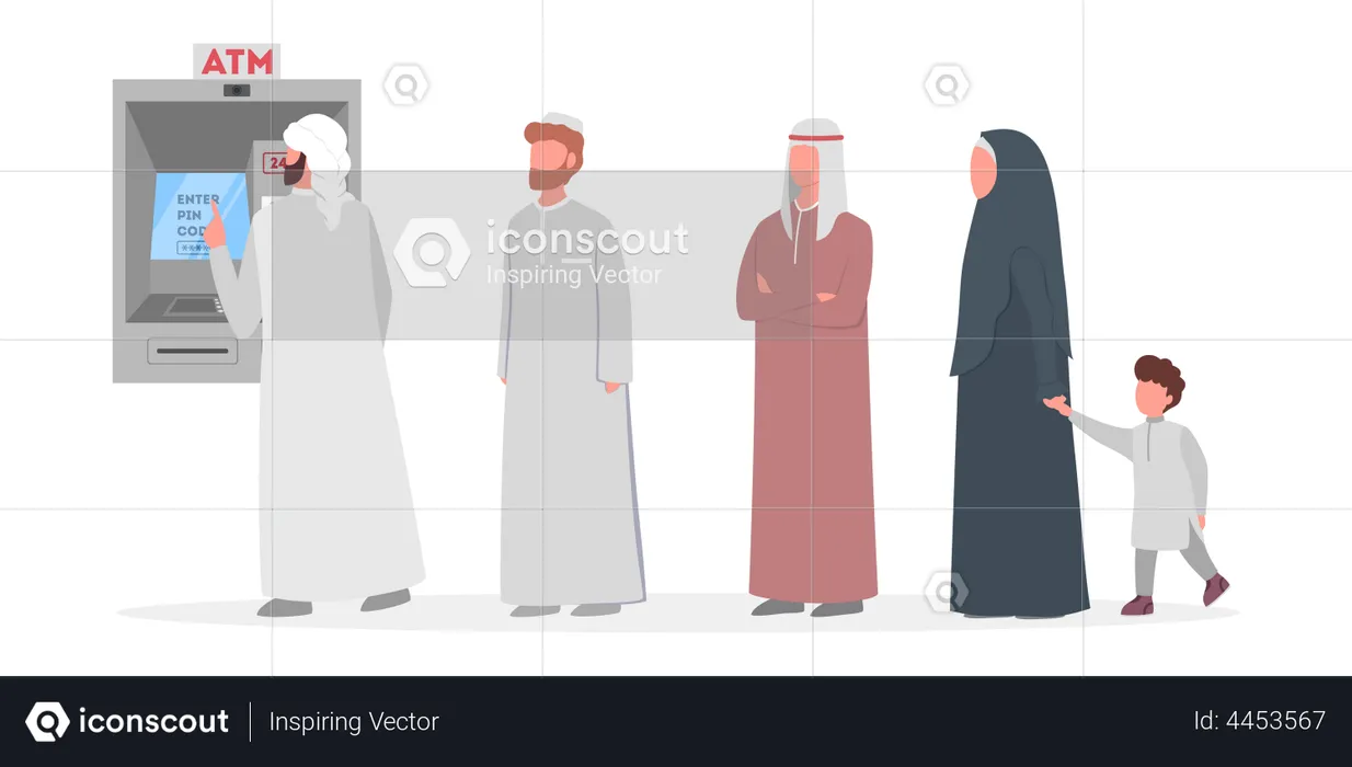 Muslim people standing in queue to ATM  Illustration