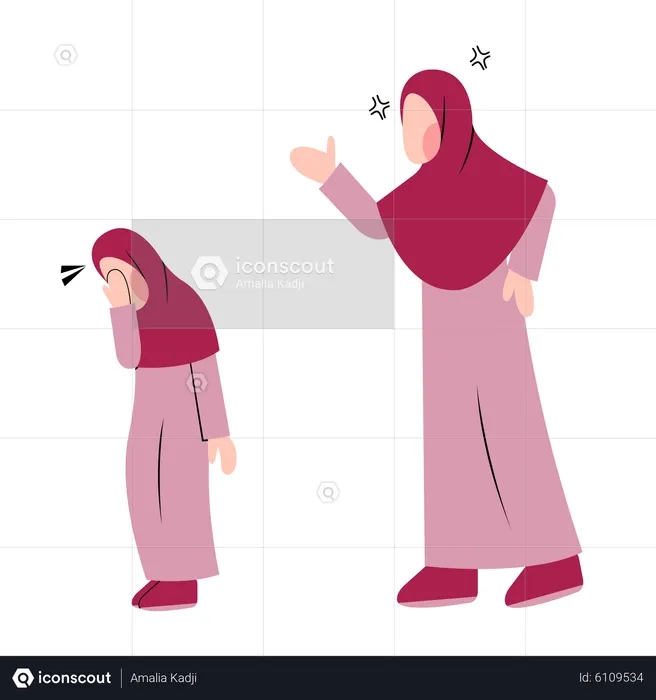 Muslim mom scolding daughter  Illustration