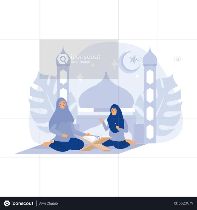 Muslim Mother and Daughter Reading Koran, with mosque background,  flat vector modern illustration  Illustration