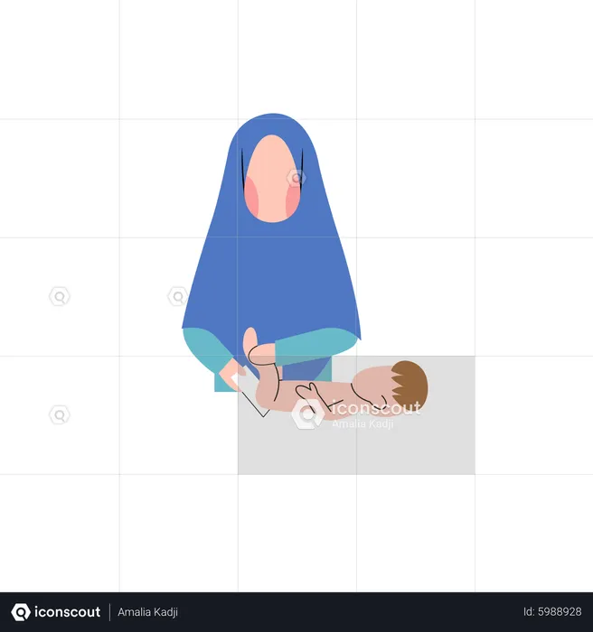 Muslim mother change diaper on baby  Illustration