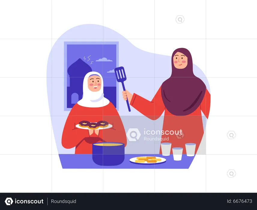 Muslim mother cooking fresh donuts  Illustration