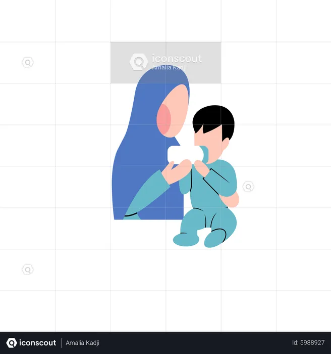 Muslim mother feeding baby milk using milk bottle  Illustration