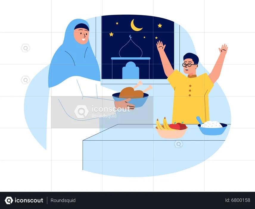 Muslim mother giving chicken to her son  Illustration