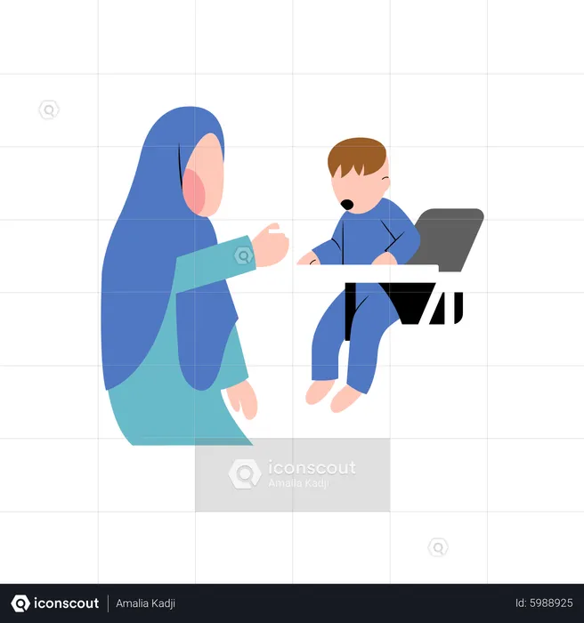 Muslim mother giving food  Illustration