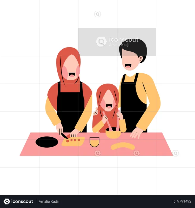 Muslim Parents Cooking in kitchen with daughter  Illustration