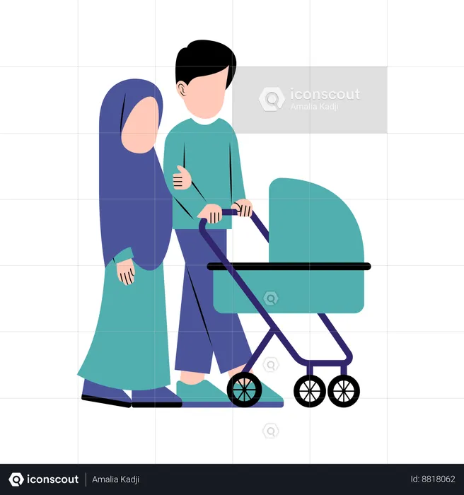 Muslim Parents With Baby Stroller  Illustration