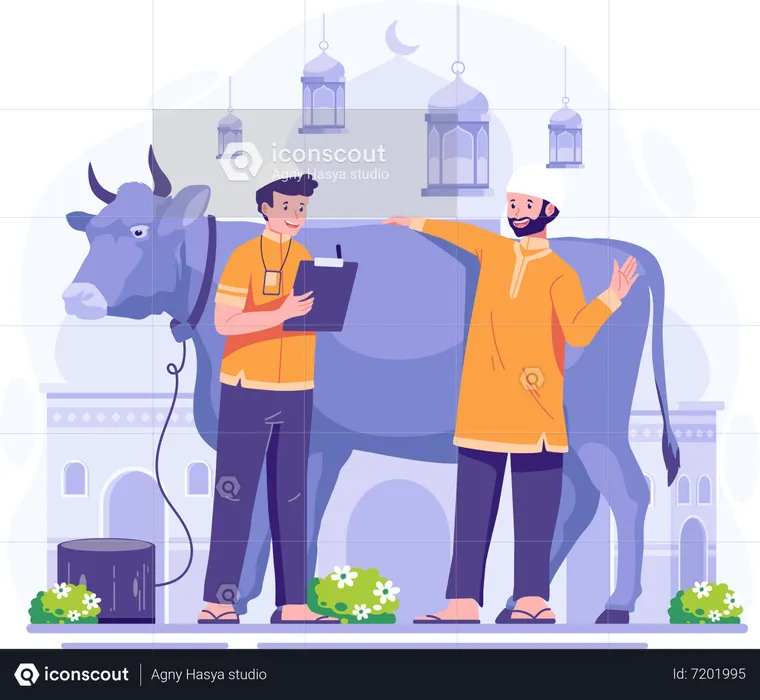 Muslim People are preparing a cow to be sacrificed for Qurban on Eid Al-Adha  Illustration