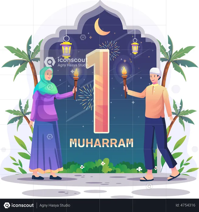 Muslim people carry torches to celebrate Islamic New Year  Illustration