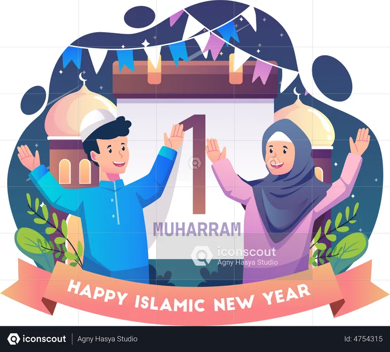 Muslim people celebrate Islamic New Year  Illustration