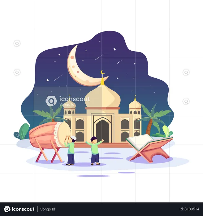 Muslim people celebrate Ramadan Kareem with Bedug  Illustration