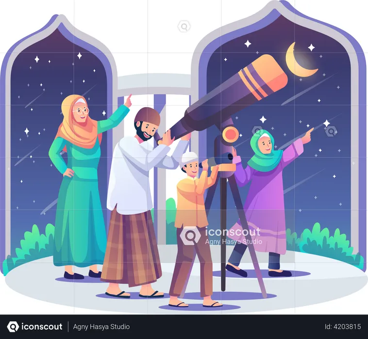 Muslim people looking at moon  Illustration
