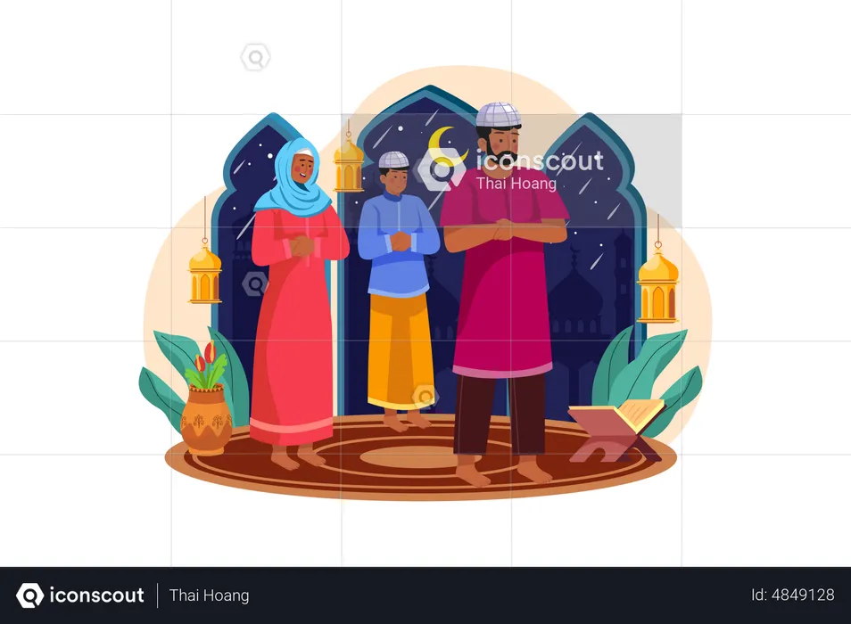 Muslim people praying together  Illustration