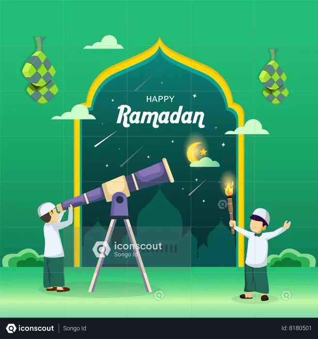 Muslim people search at the sky with a telescope for the new moon that signals the start of the Holy month of Ramadan  Illustration