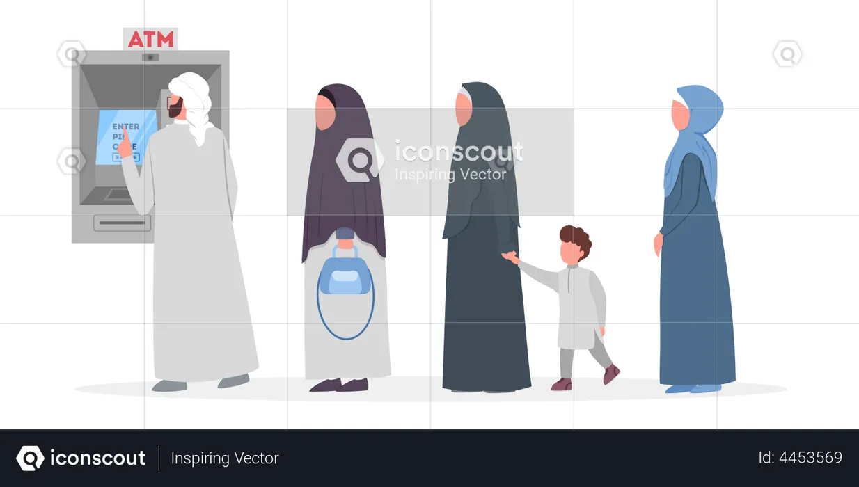 Muslim people standing in queue to ATM  Illustration
