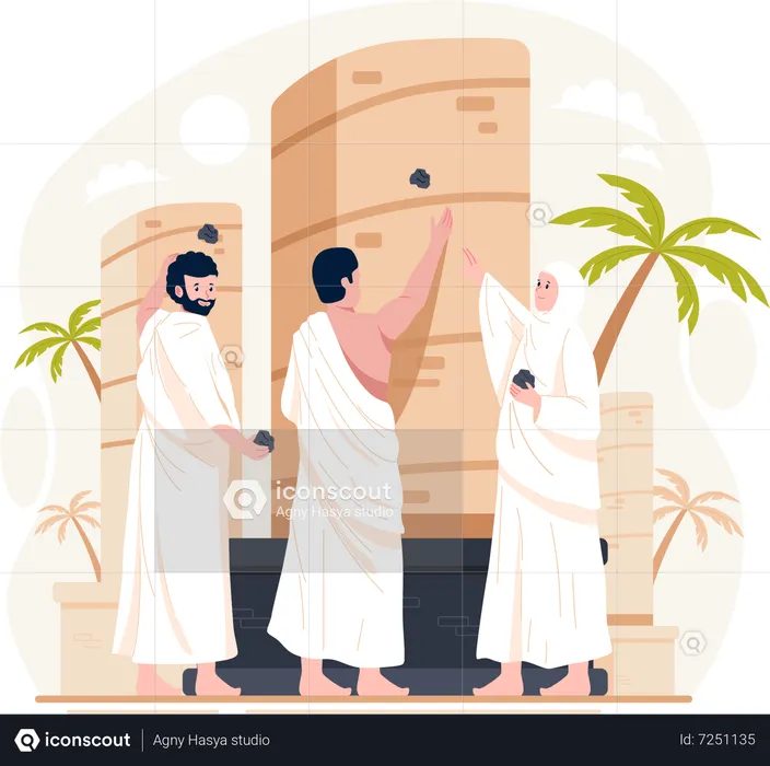 Muslim pilgrims are throwing stones at the devil pillar  Illustration