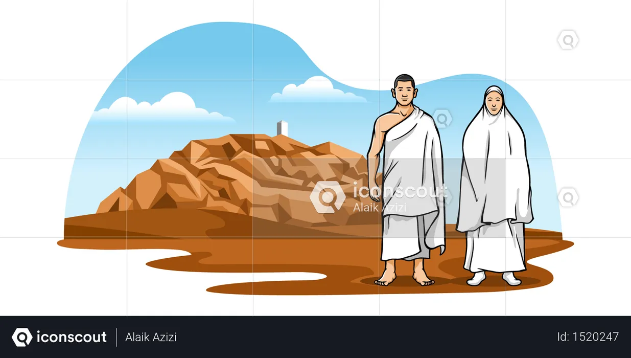 Muslim Pilgrims With Background Scenery Of Mount Arafat  Illustration