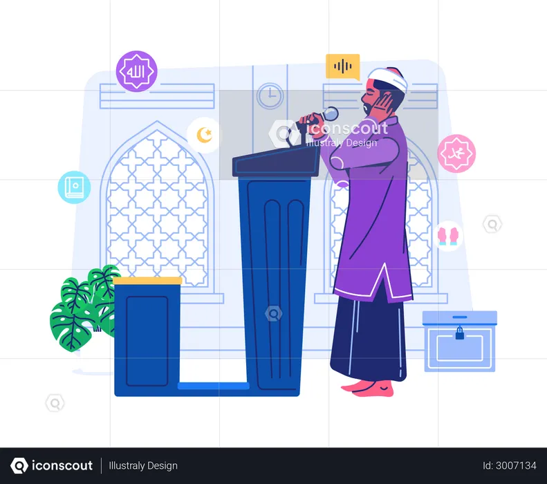 Muslim priest calling for prayer in mosque  Illustration