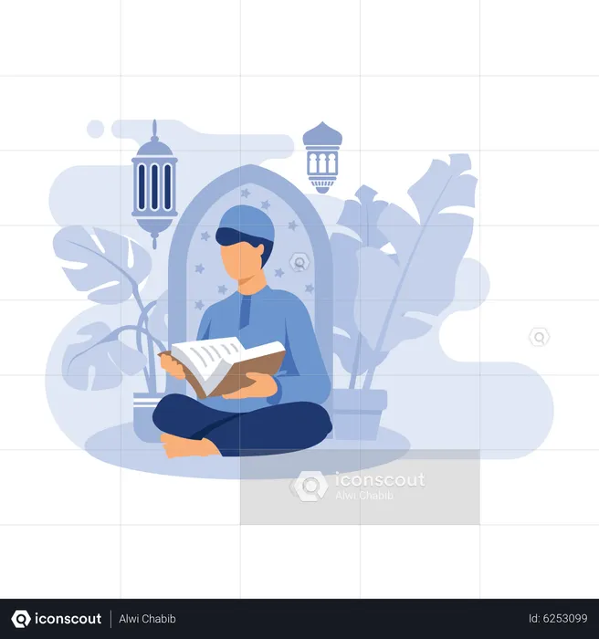 Muslim reading the quran islamic holy book  Illustration