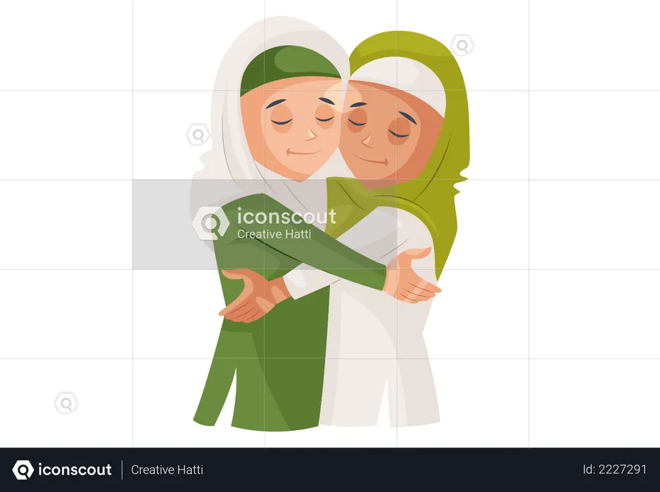 Muslim sisters hug each other  Illustration