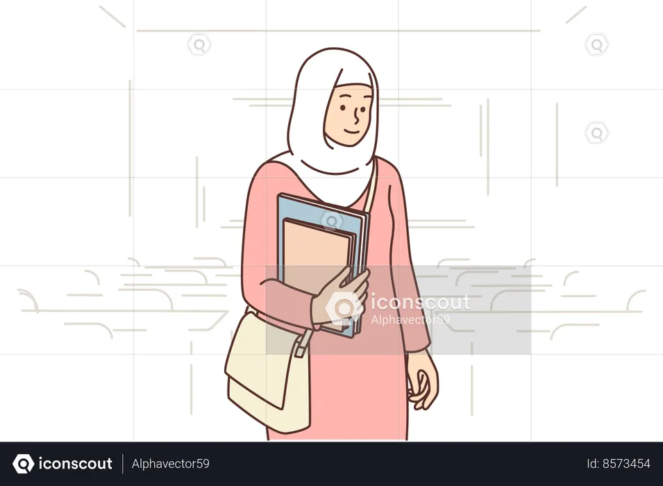 Muslim student girl stands in auditorium with books in hands  Illustration