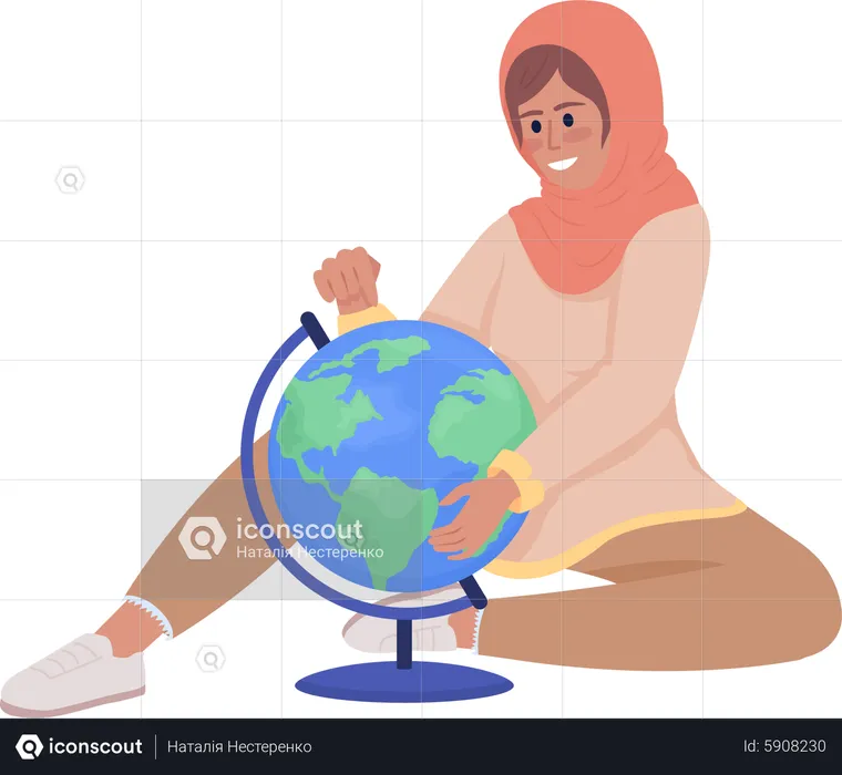 Muslim student with globe  Illustration