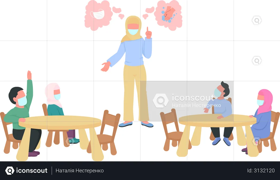 Muslim teacher with children in medical mask  Illustration