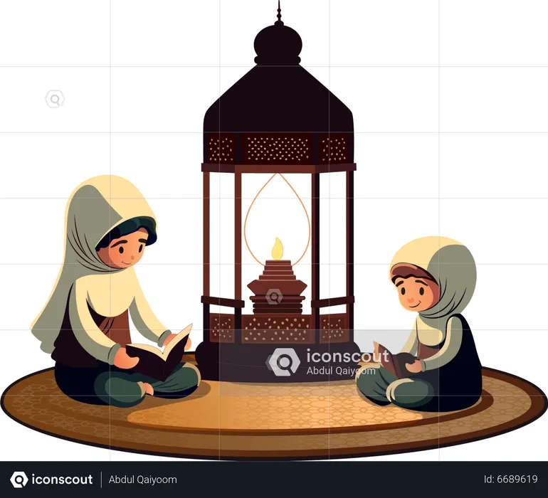 Muslim Woman and Kid Reading Holy  Illustration