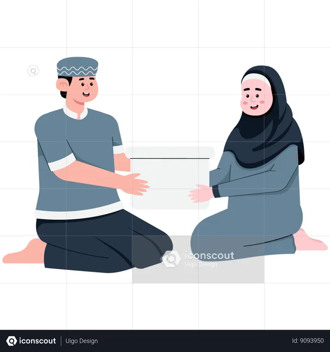 Muslim Woman and Man Praying and Handing Over Zakat for Eid  Illustration