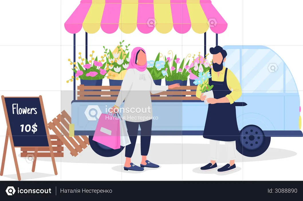 Muslim woman buying flowers from Caucasian man  Illustration