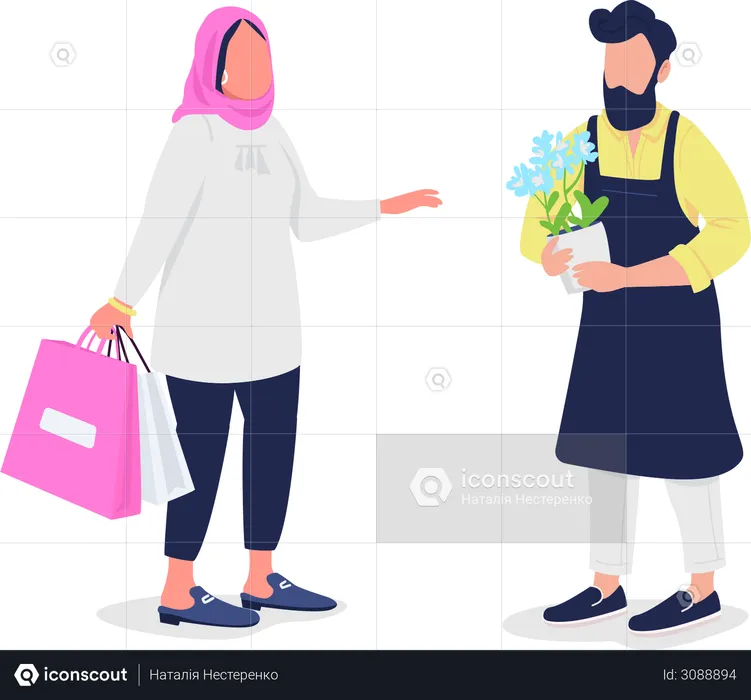 Muslim woman buying flowers from florist  Illustration