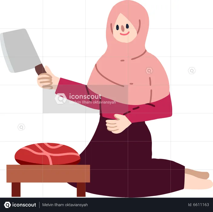 Muslim woman cutting meat  Illustration