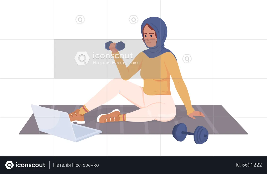 Muslim woman doing exercises using laptop  Illustration