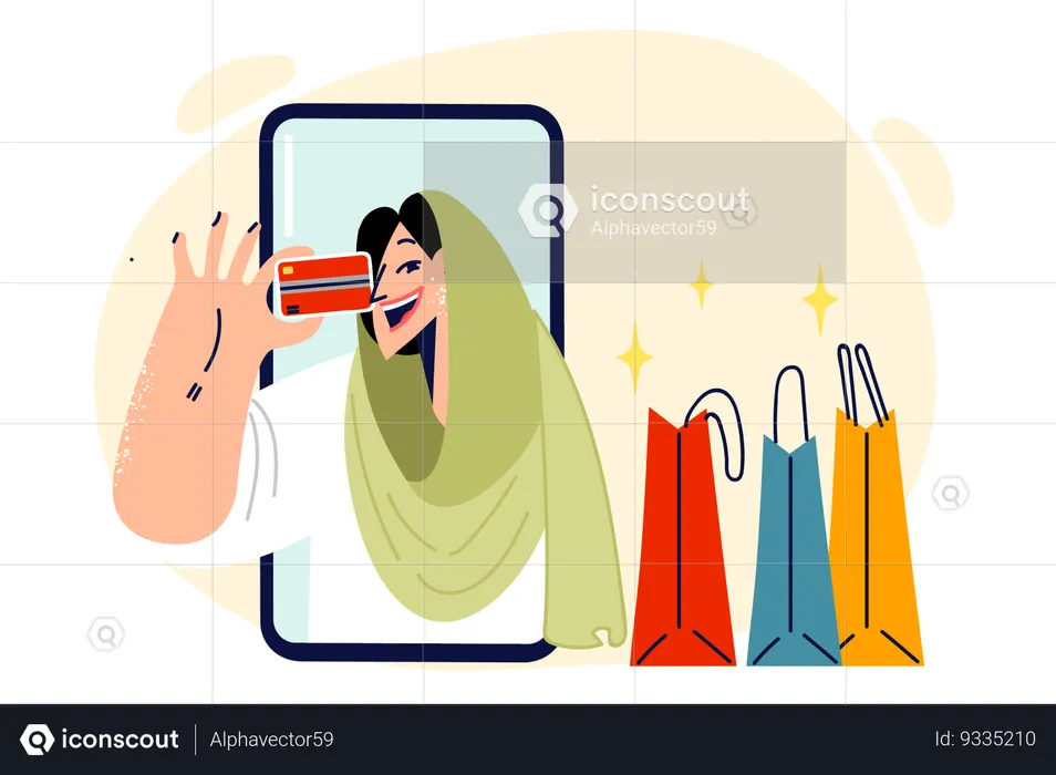 Muslim woman doing online shopping  Illustration