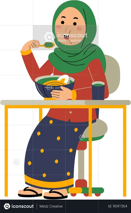 Muslim woman eating noodle  Illustration